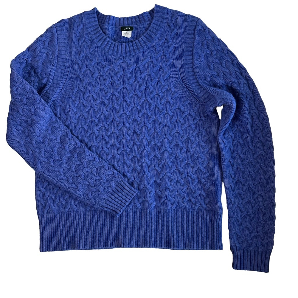 J. Crew Cable Knit Angora Wool Blue Crew Pullover Sweater Size XL Cottagecore